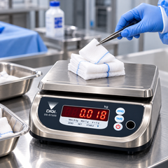 A Digi DR-SF60S digital scale on a stainless steel counter, with a gloved hand placing folded white towels on the weighing platform using tweezers.