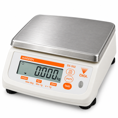 A digital scale with a stainless steel weighing platform, a white plastic body, and an LCD display screen showing 0.000 kg.