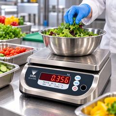 A DIGI DS-E7520 digital food scale on a stainless steel counter, with a person wearing a white coat and blue glove adding salad greens to a metal bowl on top. Fresh vegetables are visible in surrounding containers.