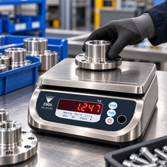 A Digi industrial digital scale with a stainless steel platform is shown on a workbench in a factory setting, with a gloved hand placing a metal part on top. Blue storage bins with similar metal parts are visible in the background.