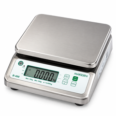 A digital  scale with a brushed stainless steel weighing platform and a white control panel featuring a green LCD display and green buttons. The brand name 'MARSDEN' is visible on the front right side of the panel.