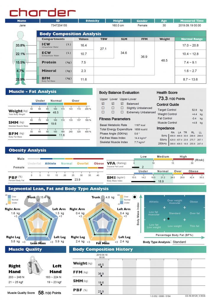 Example of the new Charder MA601 body composition analyser result sheet